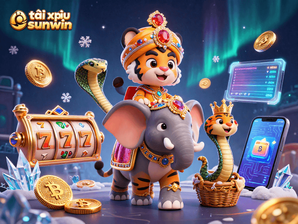 Engage with tài xỉu sunwin in a vibrant casino-themed 3D illustration featuring engaging characters and rich game elements.