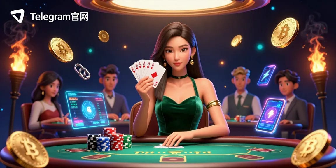 与Telegram官网一起在奢华的扑克桌上进行策略游戏，桌上满是闪亮的金币和动态元素。
