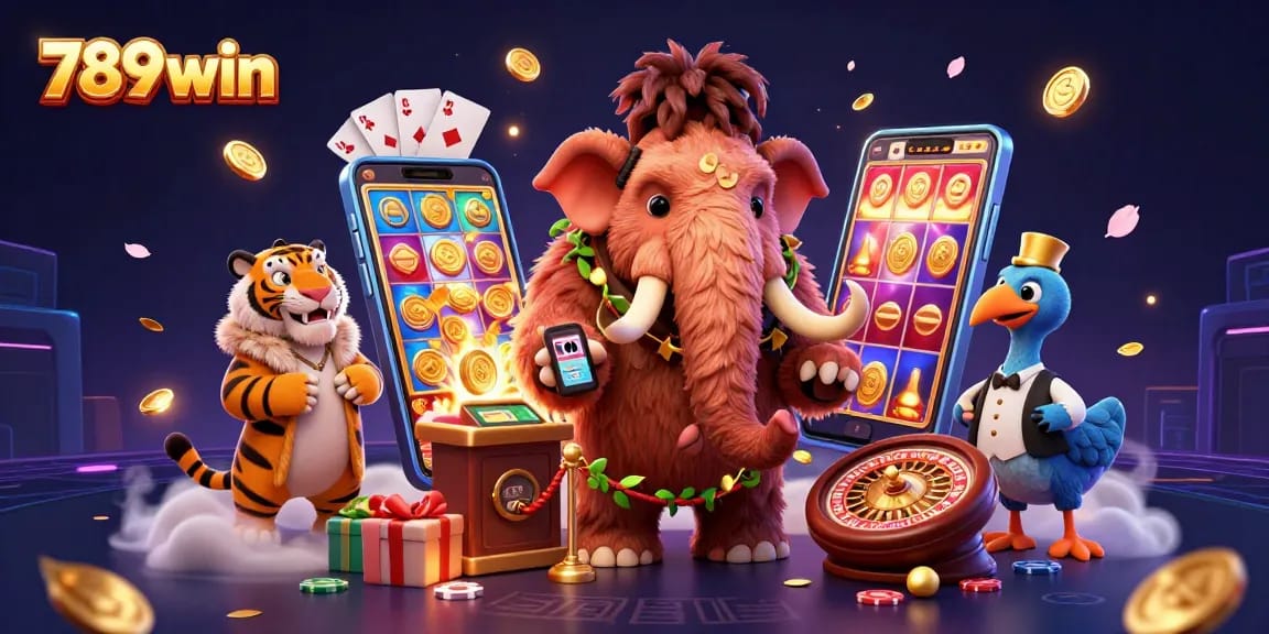 Players celebrating wins at 789win casino with vibrant 3D characters and games, showcasing thrilling casino action.