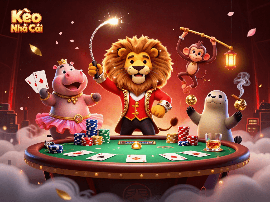 Kèo Nhà Cái showcases a vibrant circus scene with a lion, hippo, monkey, and seal around a poker table, highlighting thrilling gambling action.