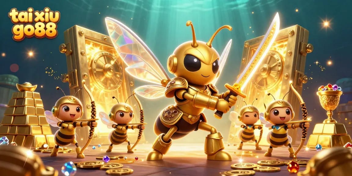Experience the thrill of tai xiu go88 with 3D animated characters and gold treasure in play.