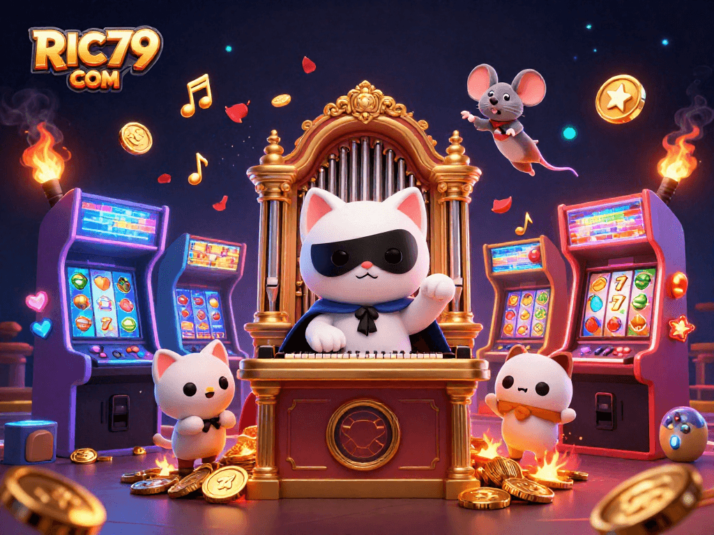 Engage with RIC79 COM as the phantom cat plays enchanting slots amidst golden musical notes.