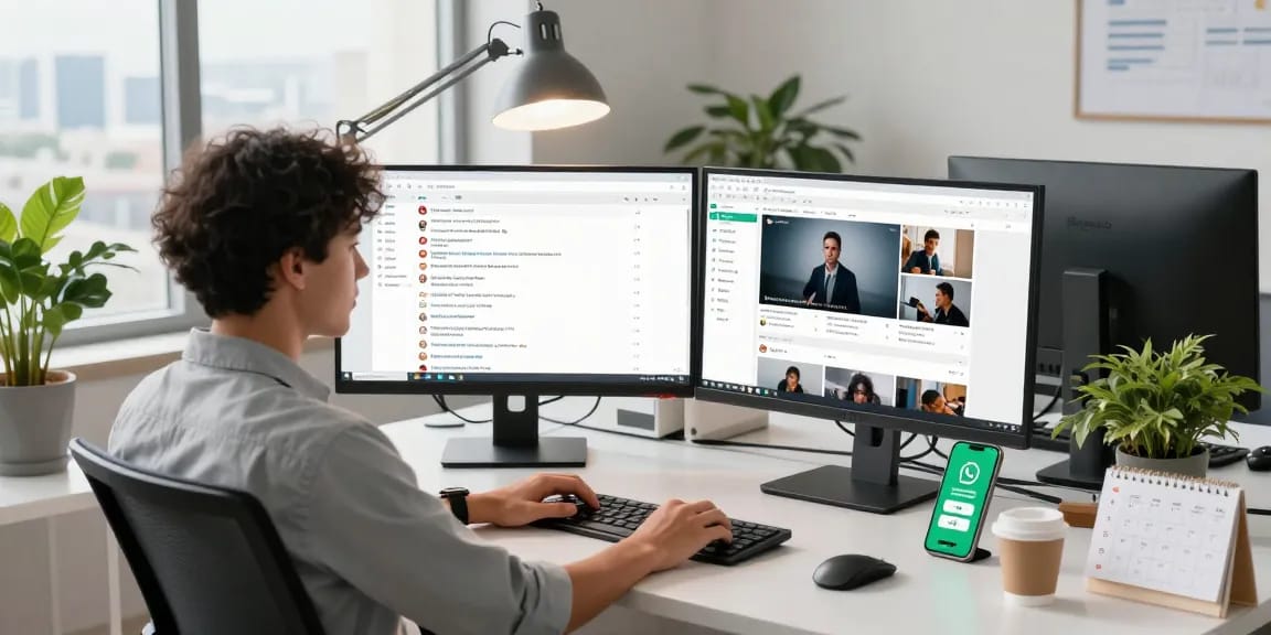 Using WhatsApp電腦版 on a desktop in a modern workspace featuring high-tech setup and productivity.