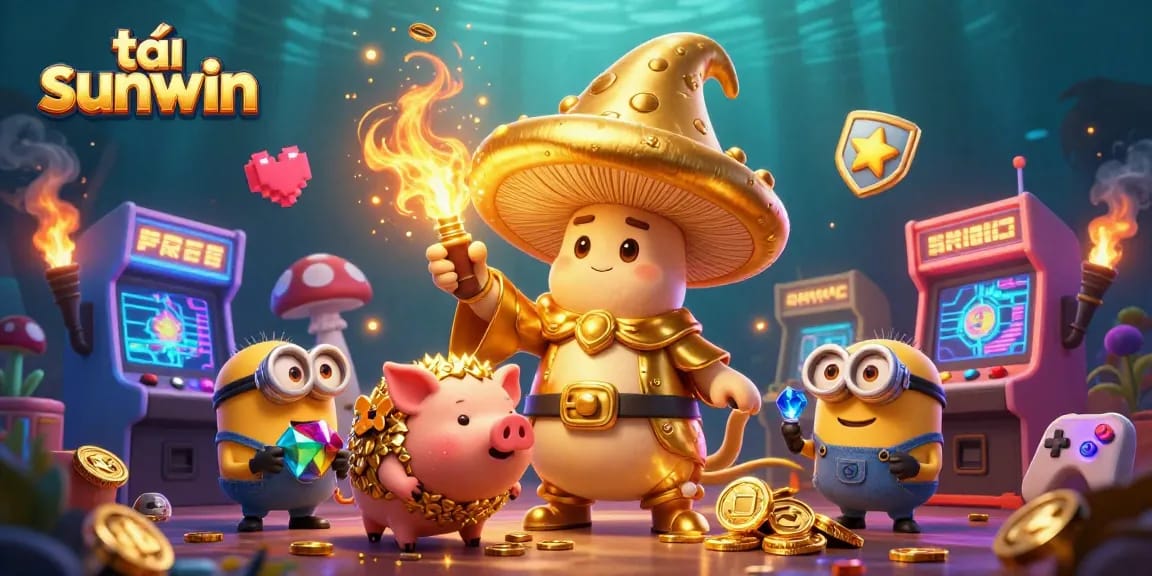Engage with tải sunwin, showcasing an enchanting wizard and treasure-seeking pig in a vibrant casino scene.