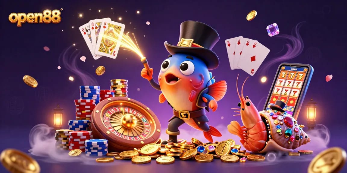 Engage with open88's vibrant gaming scene featuring a glowing anglerfish and plenty of gold.