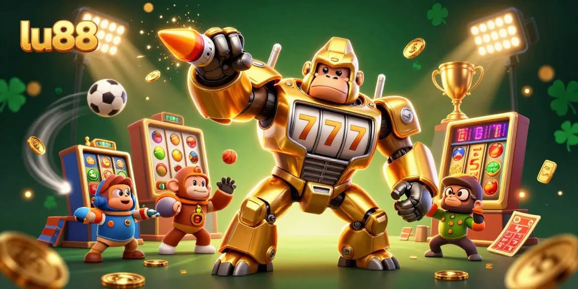 lu88 gaming scene with a golden gorilla mech and dynamic slot elements showcasing action-packed excitement.