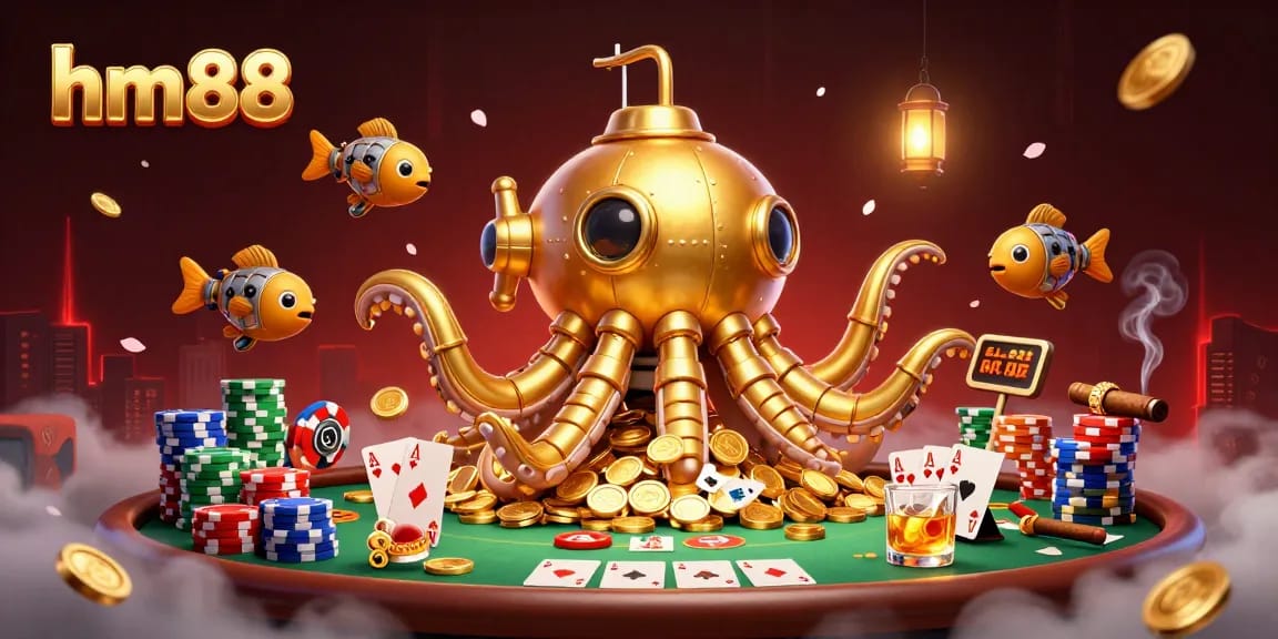 Win big at hm88 with this vibrant 3D kraken submarine illustration depicting poker excitement.
