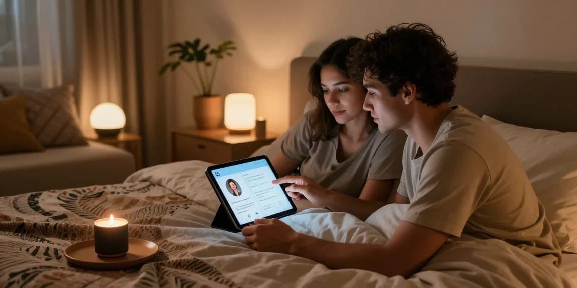 Couple exploring ai sex wellness options in a modern bedroom, showcasing intimacy with technology.