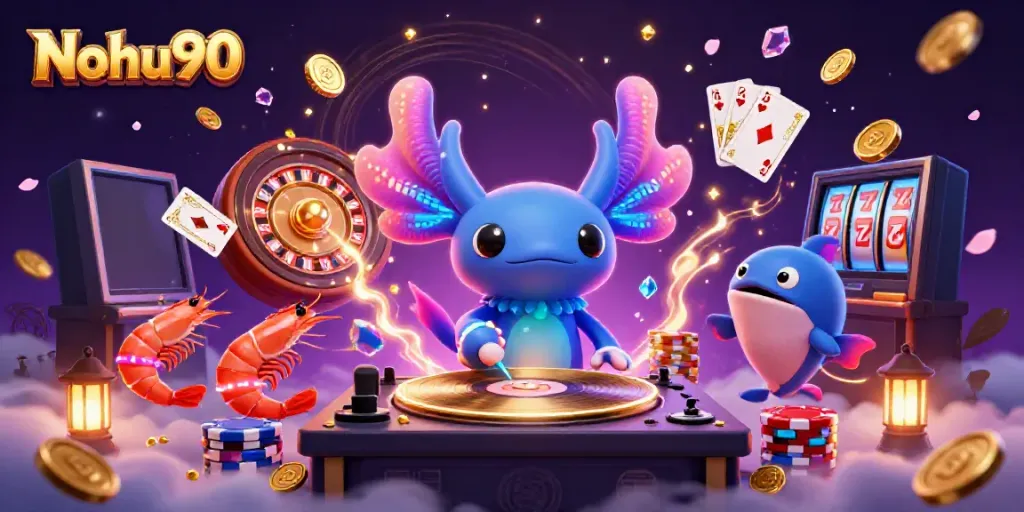Nohu90 features vibrant casino characters celebrating jackpot wins with spinning reels and glowing coins