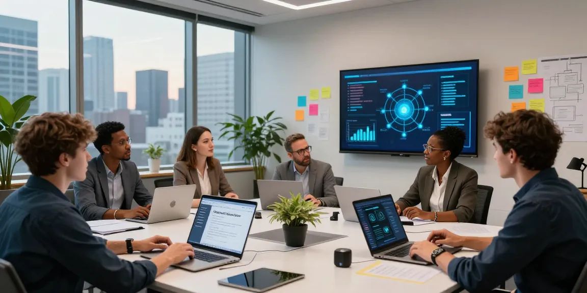 Team collaborating on Web3 technologies in a modern office environment, showcasing blockchain applications and decentralized networks.