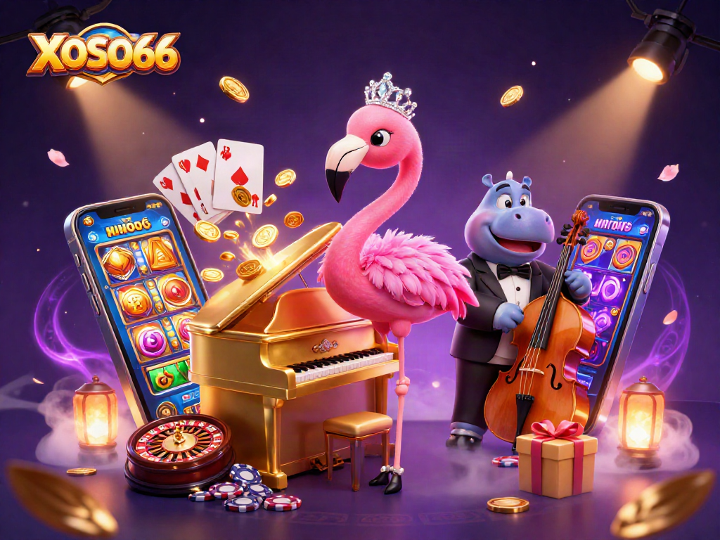 XOSO66 engages with vibrant gaming elements, showcasing dynamic casino visuals and lively characters.
