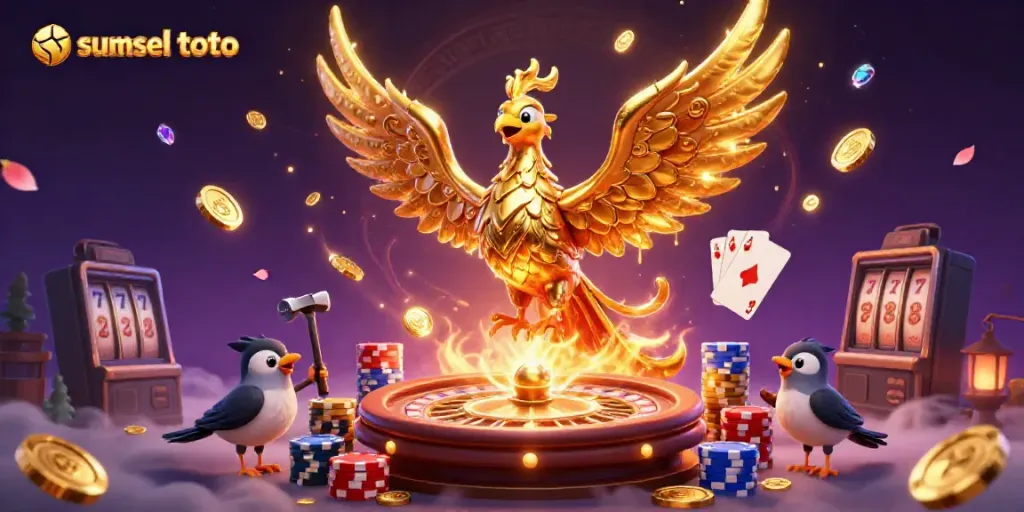 Experience thrilling wins at sumsel toto with a stunning golden phoenix rising and coins flying in a vibrant casino scene.