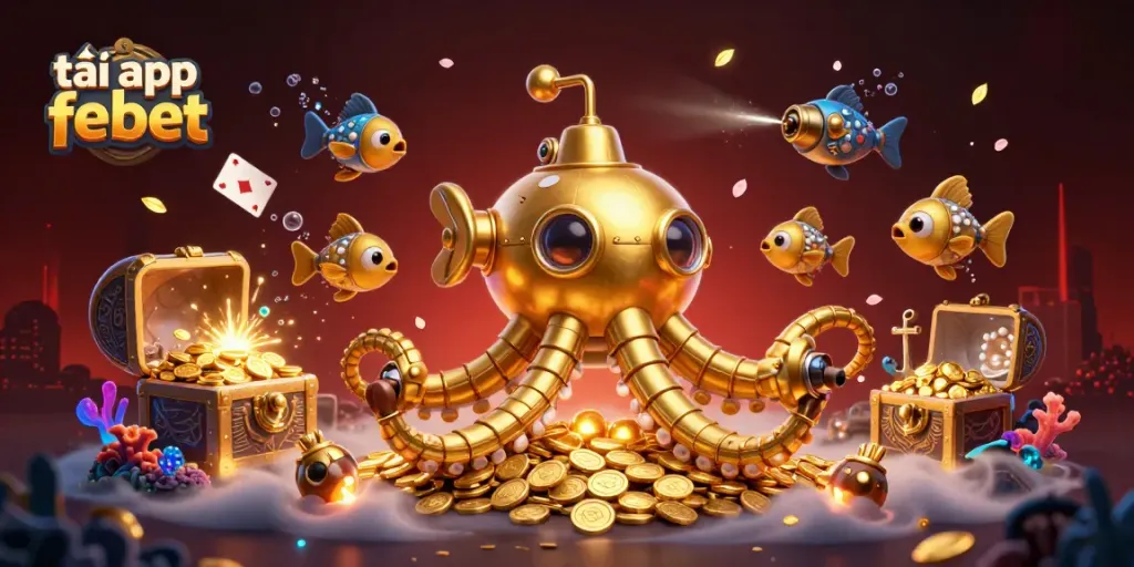 Experience the thrill of gaming with the tải app febet featuring a golden kraken submarine and mechanical fish among gold coins.