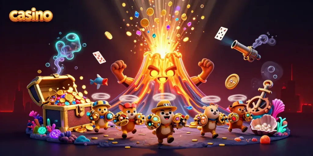 Experience thrilling action in a vibrant casino scene with golden treasures and playful characters.