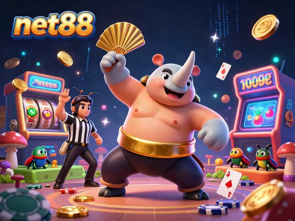 Experience the thrill of net88 with a dynamic 3D illustration featuring a beetle sumo champion amidst gold coins and casino games.