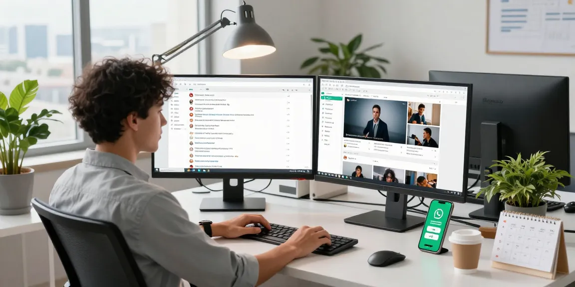 Using WhatsApp電腦版 on a desktop in a modern workspace featuring high-tech setup and productivity.