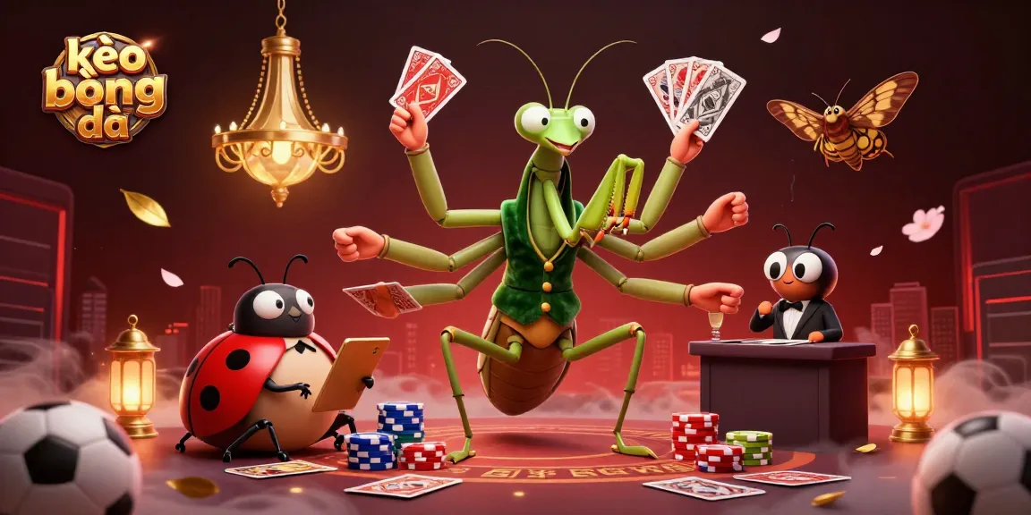 Experience the thrill of kèo bóng đá with a giant praying mantis dealer, ladybug pit boss, and sports betting elements