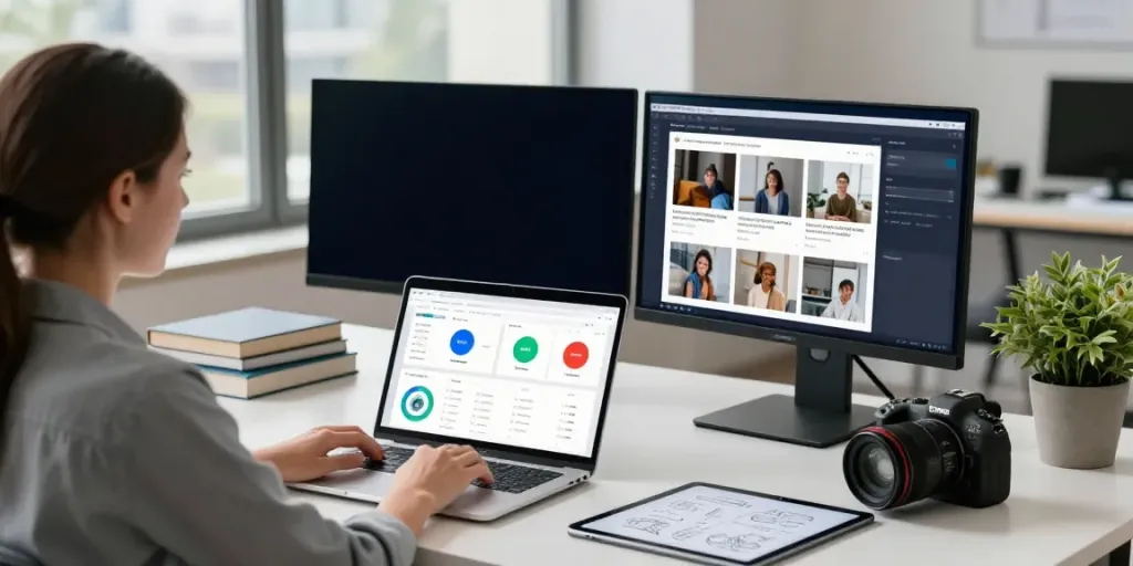 Software advertising UK: Digital marketing expert analyzing ad performance metrics in a modern office.
