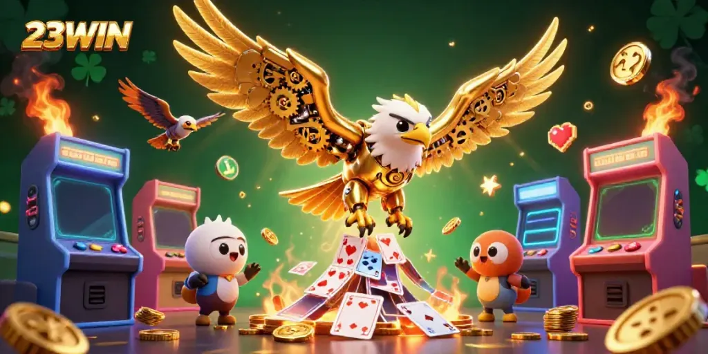 Experience thrilling gameplay with 23WIN illustrated in a vibrant 3D casino environment.