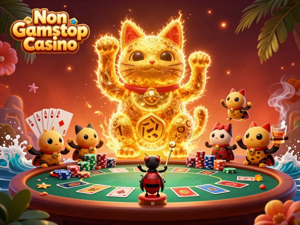 Engage in Non Gamstop Casino adventures with a vibrant illustration of a lucky cat and conductor beetle in an energetic casino scene.