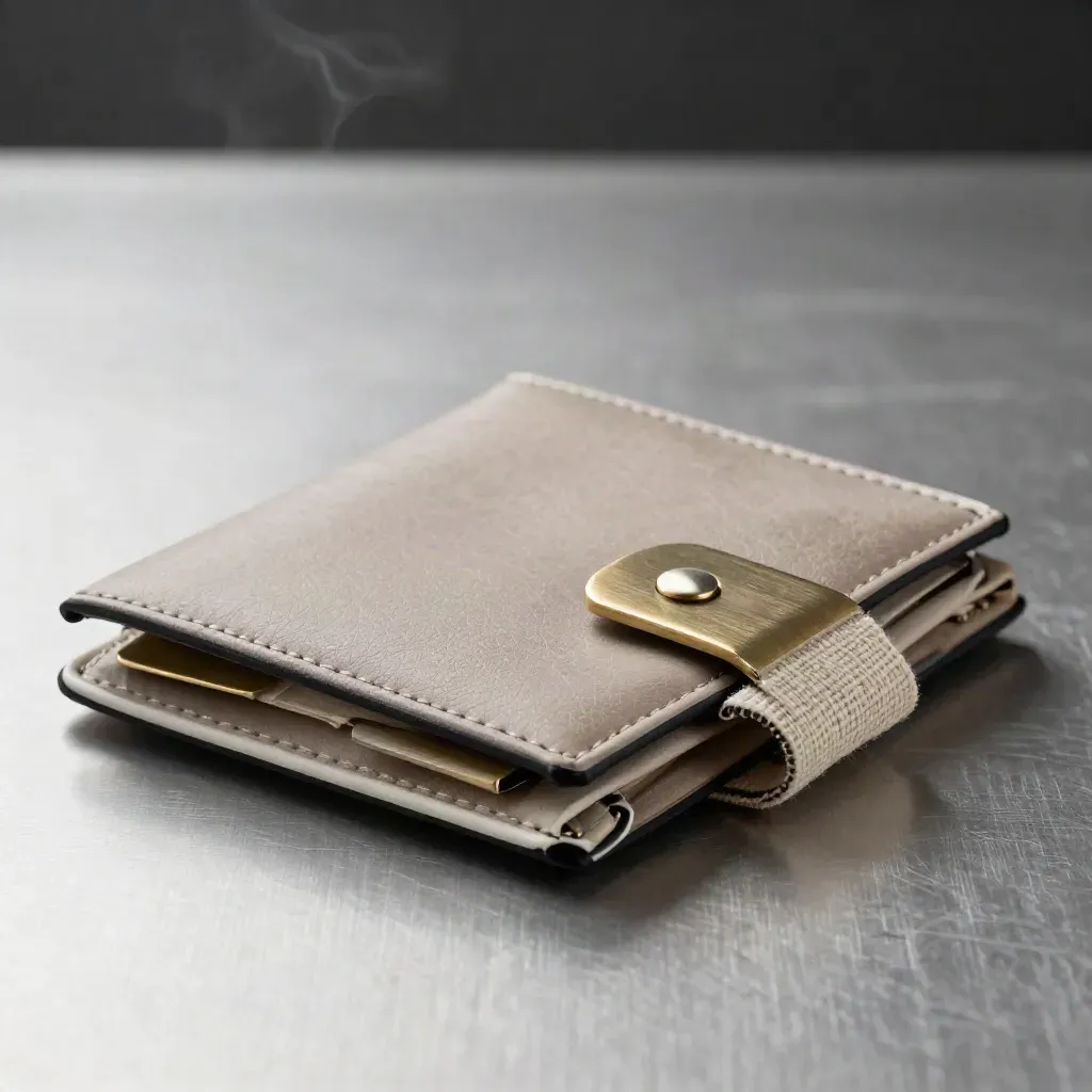 Macro of a taupe hedge-plan wallet with brass tabs on brushed pewter, lit by white rim light.