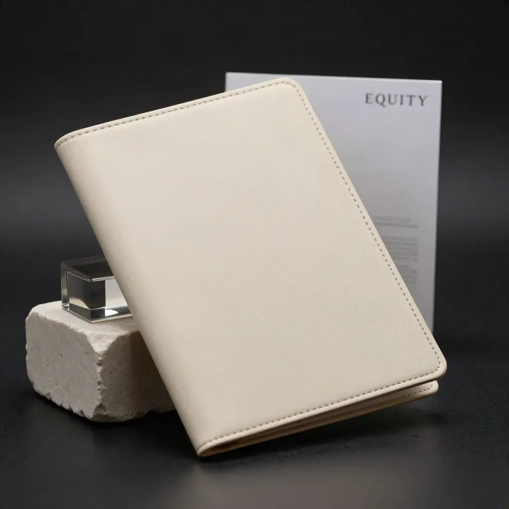Cream stock-sheet folio leaning on stone with smoked acrylic weight on a dark studio surface.