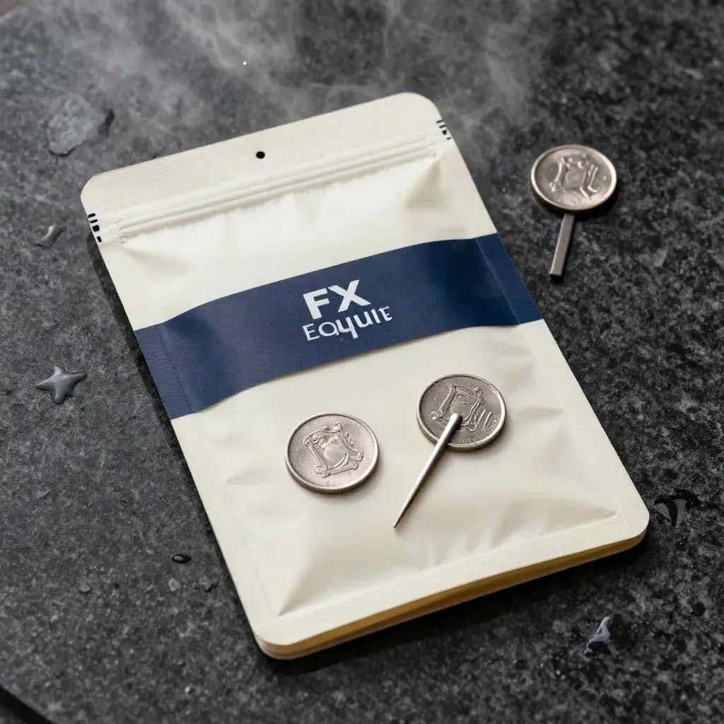 Cream signal-pack deck with coin markers and metal spacer on damp basalt with mist.