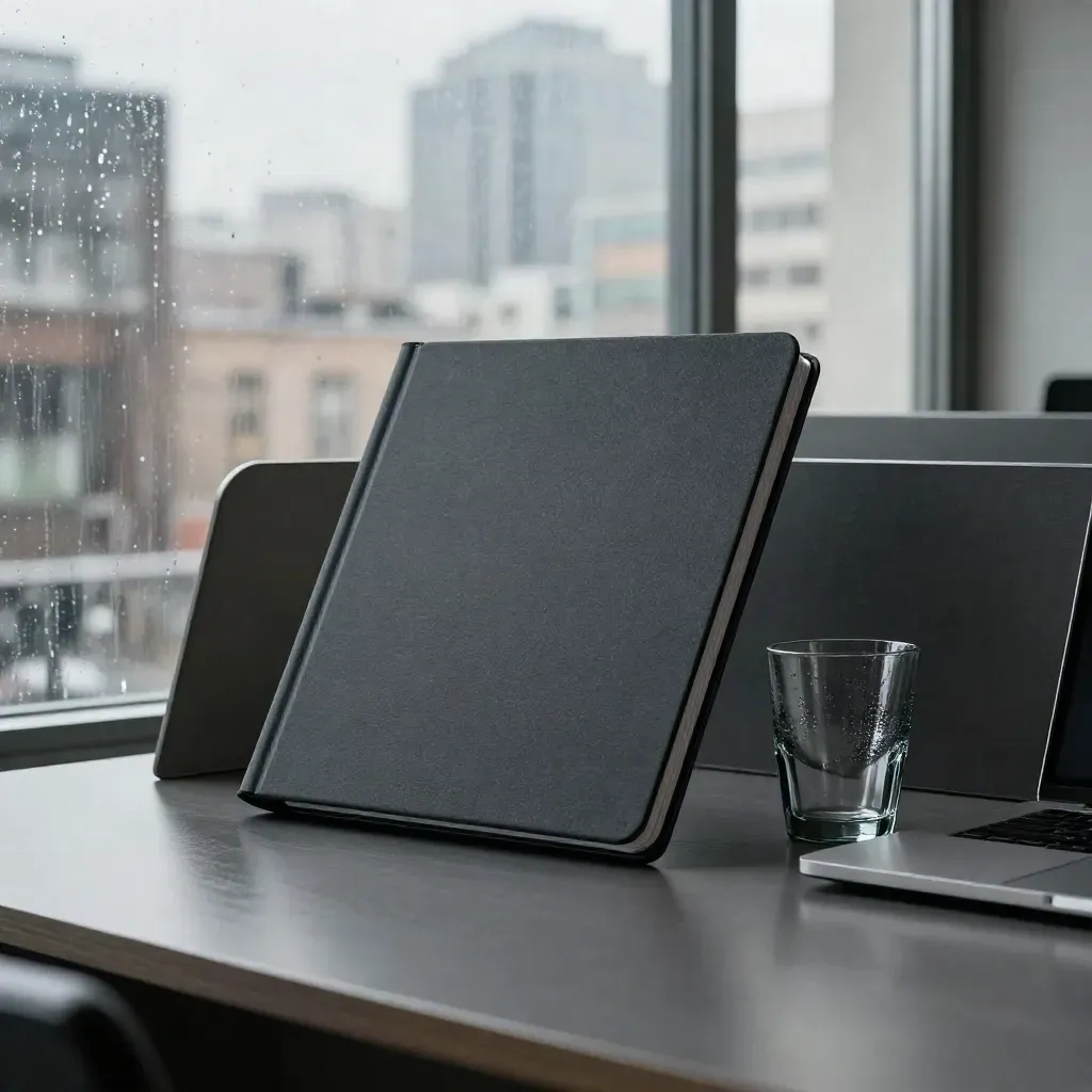 Graphite hedge-review folio, laptop shell, tumbler, and divider on a rain-lit boardroom table.