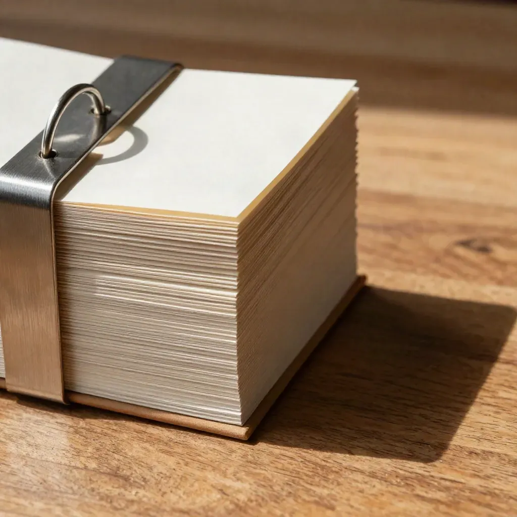 Overhead finance tabs and ring clip arranged on smoked oak.