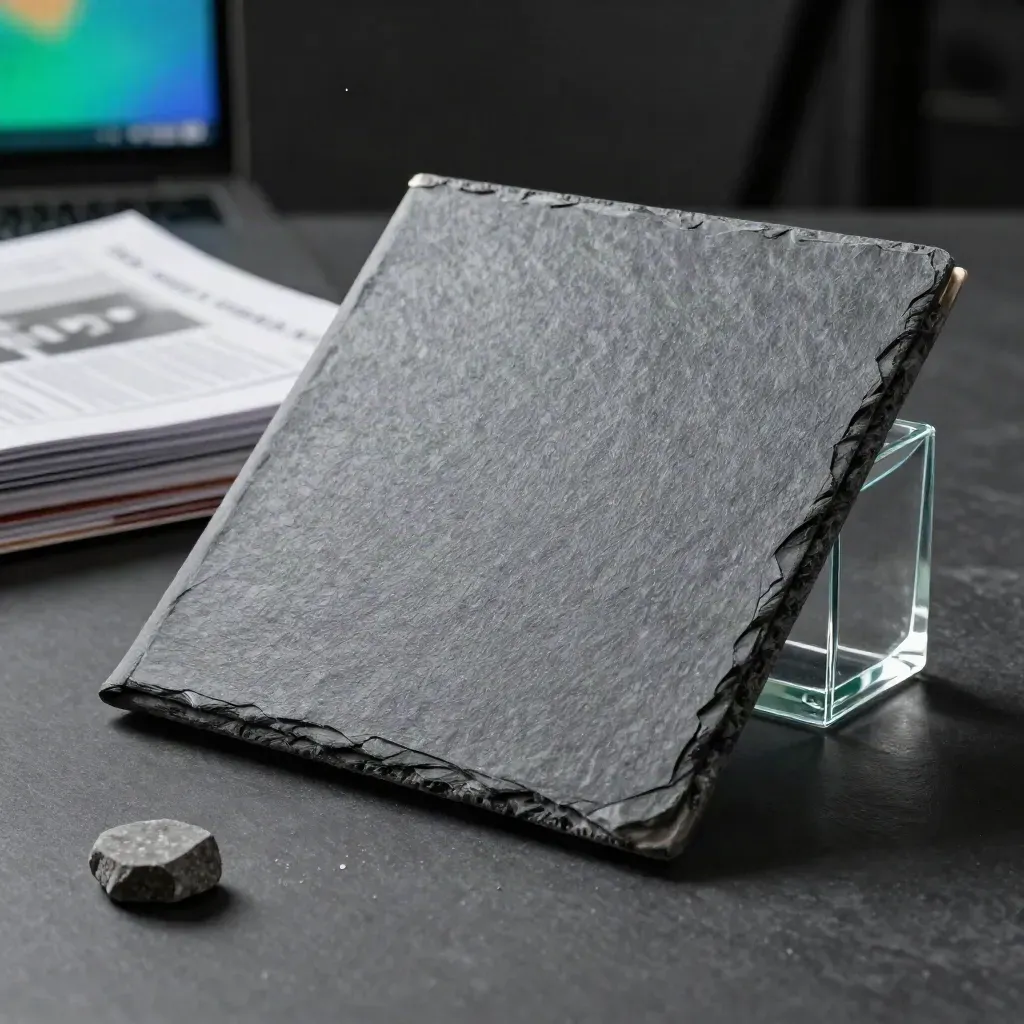 Slate finance booklet with glass weight, stone chip, and soft market glow in a dark studio