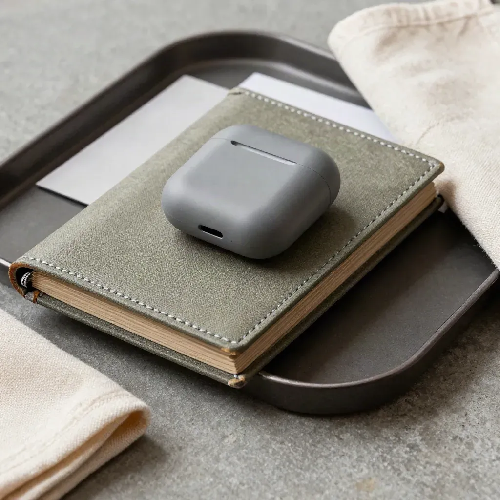 Charcoal folio, earbud case, dark tray and folded cloth in soft haze and sheen