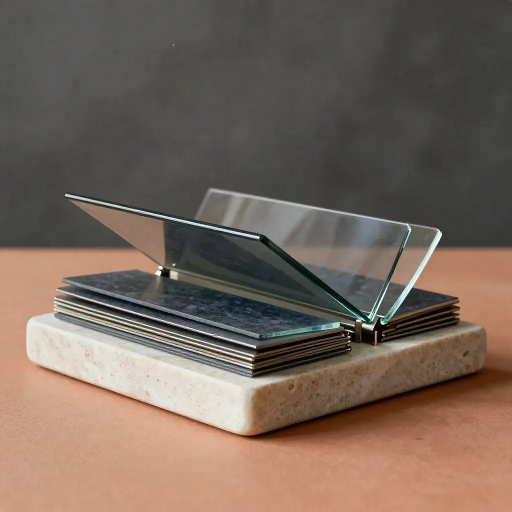 Layered finance product hero box on terracotta plinth with smoked glass and stone