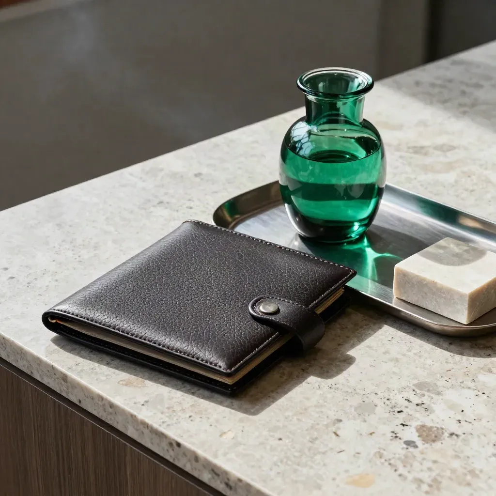 Luxury treasury review still life with leather folio, emerald glass vessel, tray and stone block.