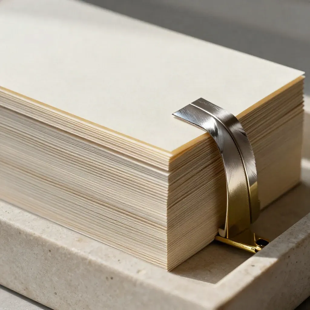 Macro of layered financial cards with brass binding on pale stone.