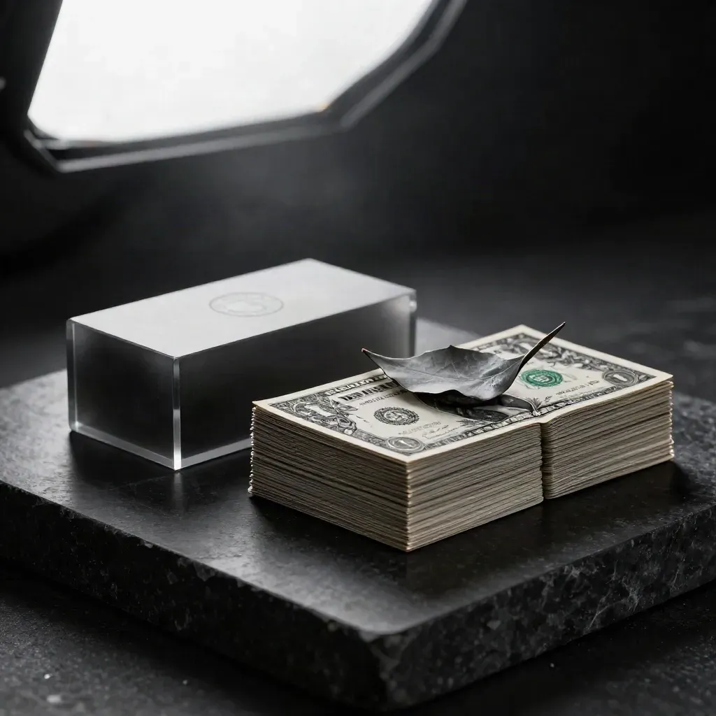 Dark graphite risk brief stack with smoked acrylic spacer on black surface, cool haze and silver highlights.