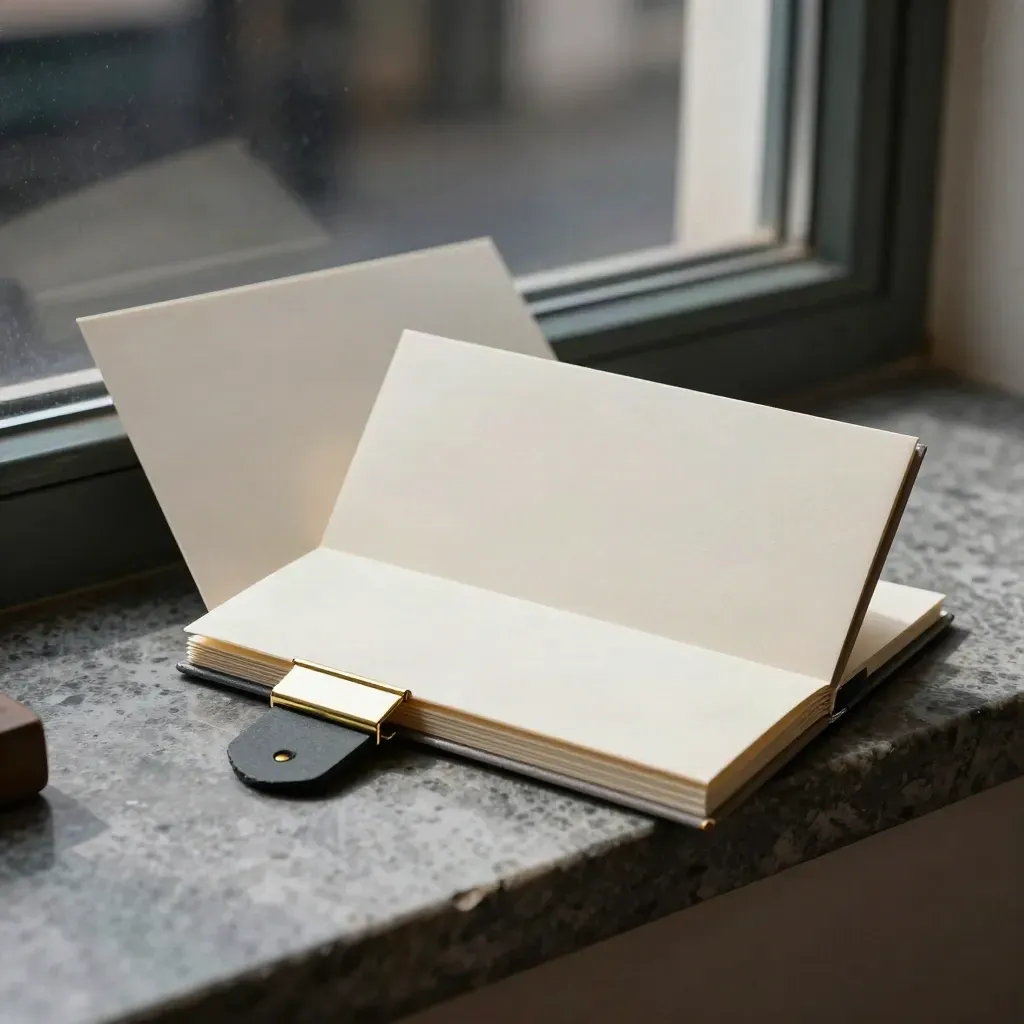 Matte cream treasury call-slot pack with brass clip and slate tab on a limestone ledge