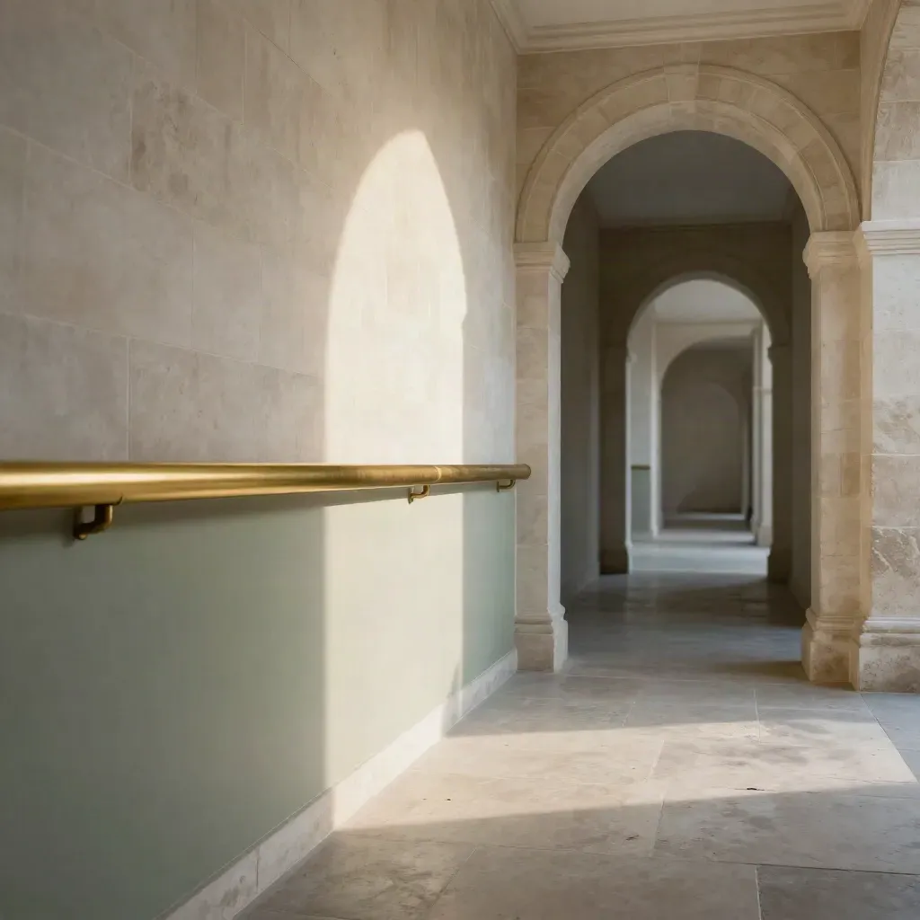 Sunlit Georgian stone passage with brass rail and tall arch, calm copy space below.