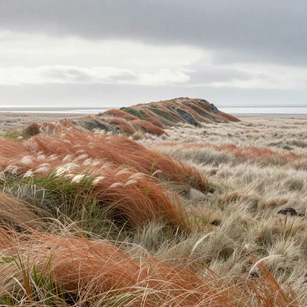 Wind-cut coastal marsh ridge with tawny grass, mist, and a silver horizon