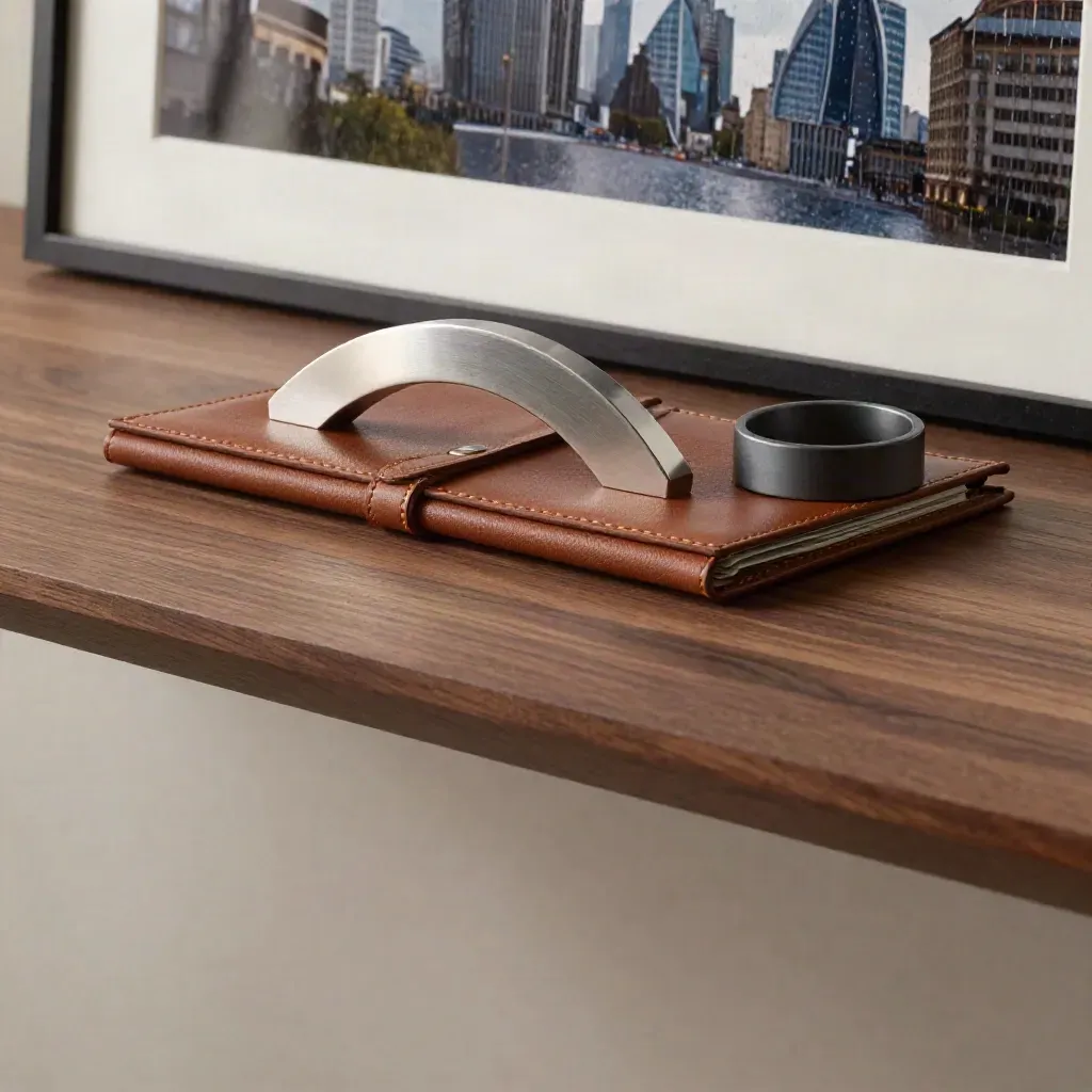 Walnut finance backdrop with leather folio, metallic chart sculpture and rain-streaked city reflections