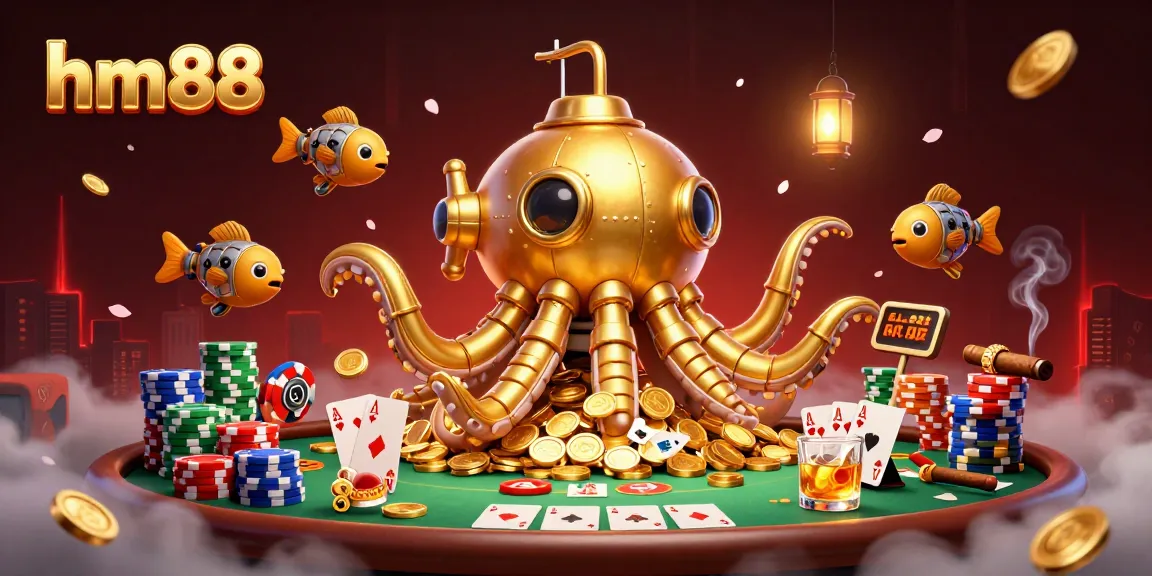 Win big at hm88 with this vibrant 3D kraken submarine illustration depicting poker excitement.