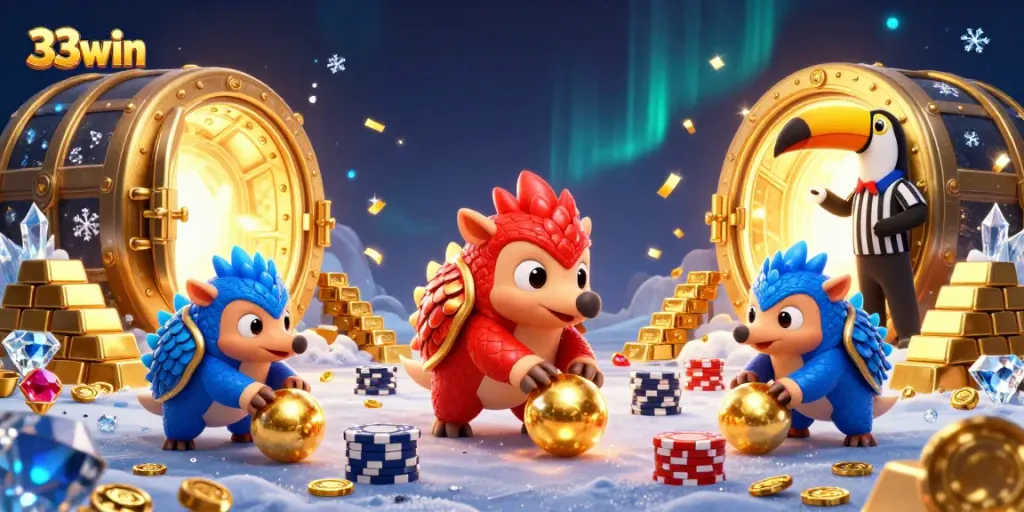 Pangolins in colorful armor compete for golden prizes at 33win, showcasing exciting casino gaming.