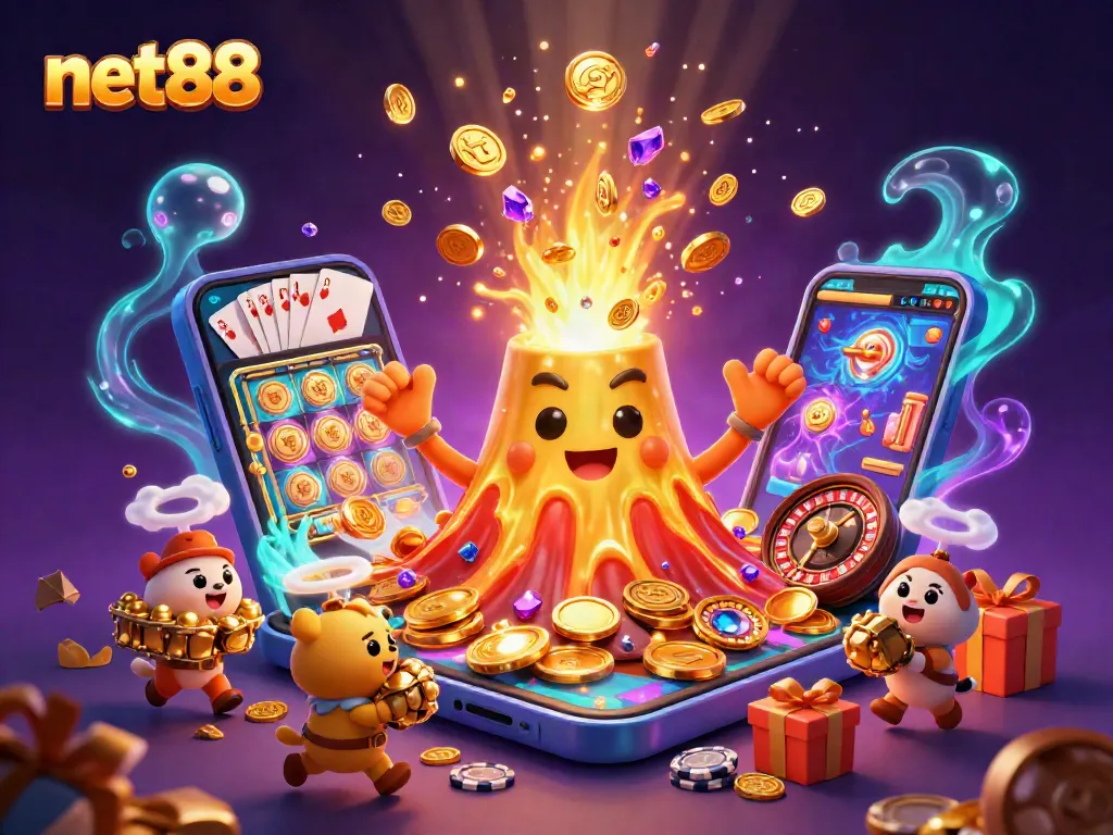 Experience thrilling action with net88's explosive treasure volcano in an exhilarating casino scene.