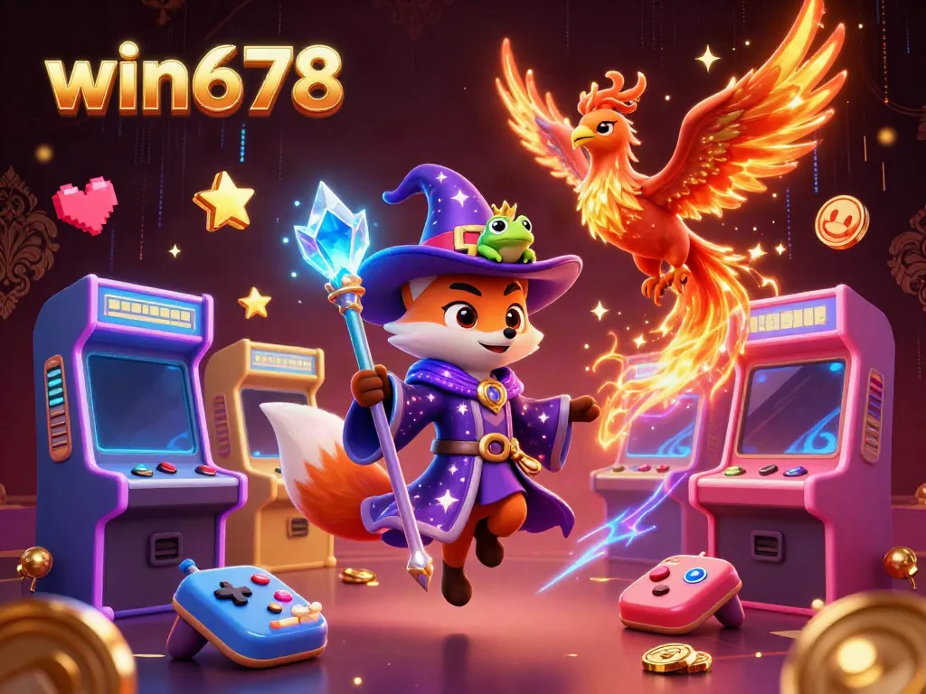 Win678's enchanting 3D illustration featuring a wizard fox, phoenix, and gaming elements.