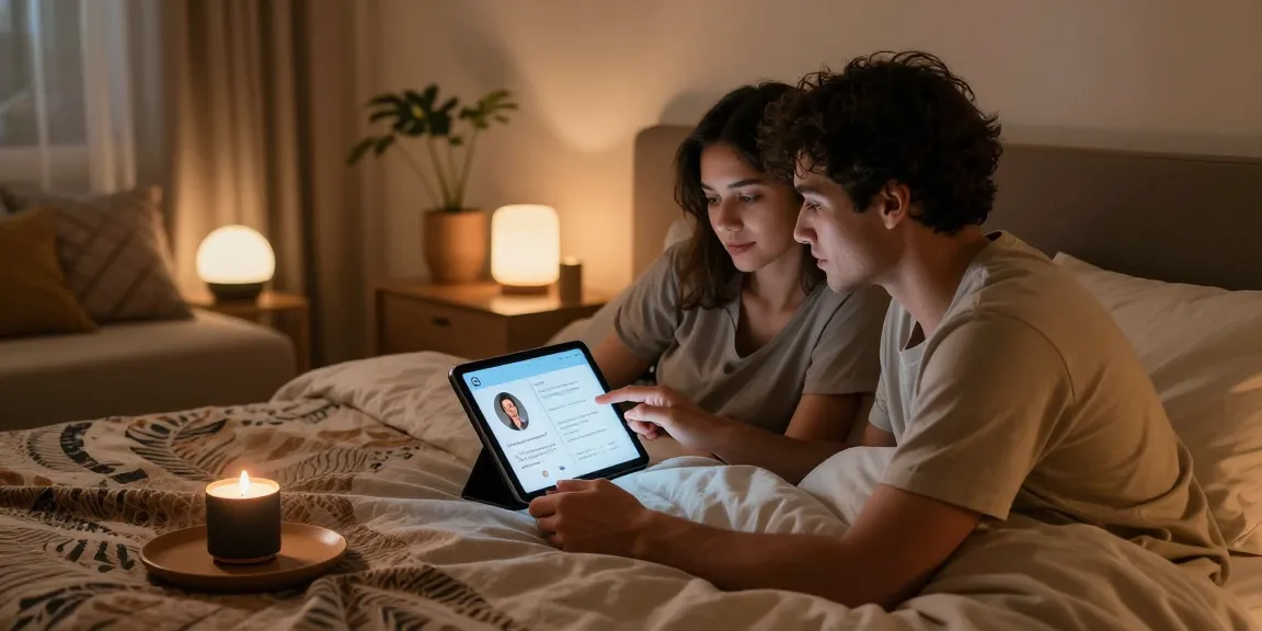 Couple exploring ai sex wellness options in a modern bedroom, showcasing intimacy with technology.