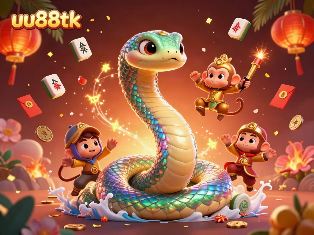 Experience the excitement of uu88tk with a vibrant 3D casino scene featuring a playful monkey king and a rainbow serpent.