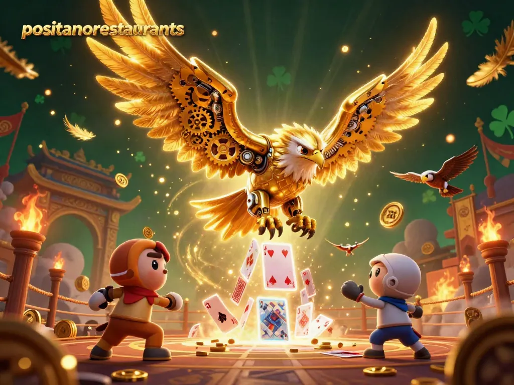 Experience thrilling wins with positanorestaurants as a golden eagle dives through holographic cards.