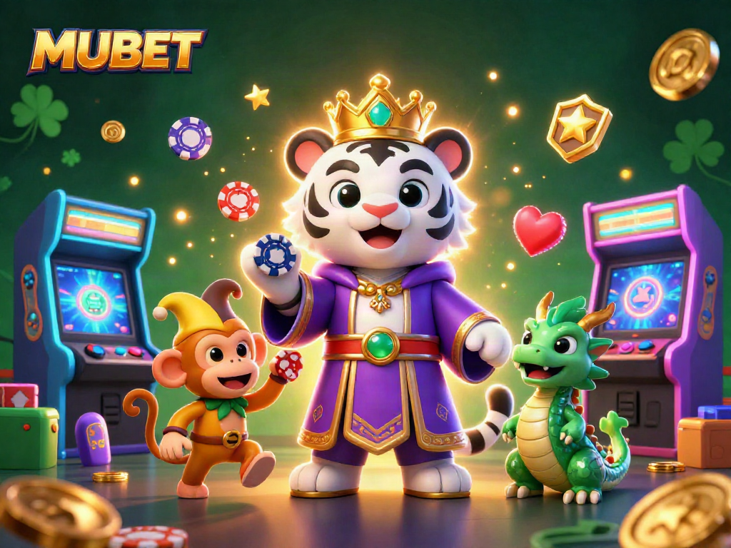 MUBET celebrates casino thrills with a playful scene featuring a tiger, monkey, and dragon.