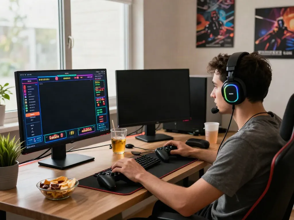 Player engrossed in online gaming at home setup, showcasing vibrant visuals and immersive atmosphere for http://gem88-mobile.com.