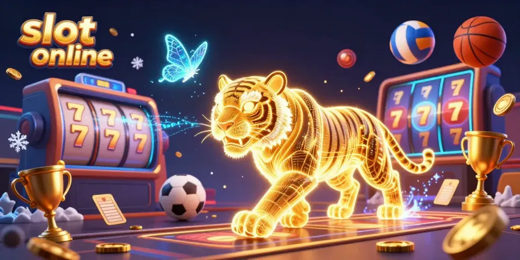 Experience the excitement of slot online with a dazzling 3D illustration of a golden tiger in a vibrant casino scene.