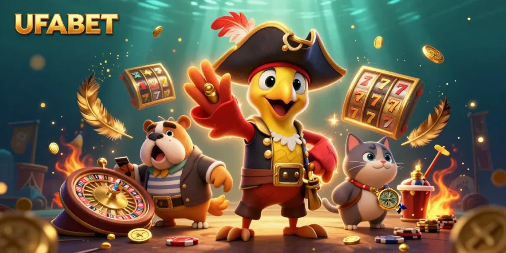 Experience thrilling gambling action with UFABET in a vibrant casino scene featuring unique characters and elements.